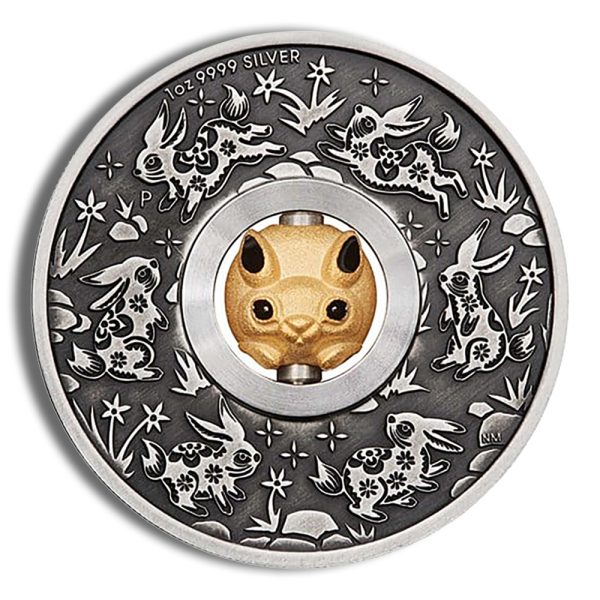 2023 1 oz Silver Year of the Rabbit Rotating Charm - Antiqued - Image 2